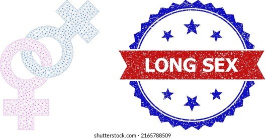 Network lesbian pair sign model icon, and bicolor scratched Long Sex stamp. Mesh wireframe image designed with lesbian pair sign icon.