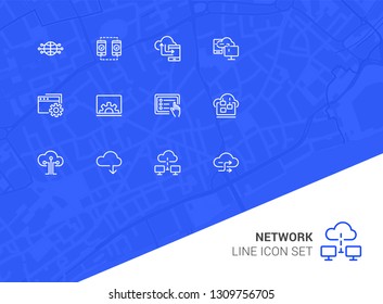 Network line icon set. Set of line icons on white background. Laptop, setting, file, downloading. Internet concept. Vector illustration can be used for topics like technology, internet, web