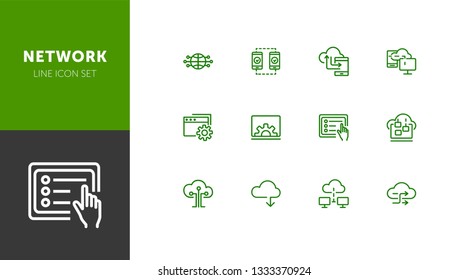 Network line icon set. Set of line icons on white background. Laptop, setting, file, downloading. Internet concept. Vector illustration can be used for topics like technology, internet, web