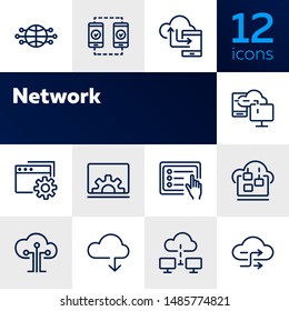 Network line icon set. Set of line icons on white background. Laptop, setting, file, downloading. Internet concept. Vector illustration can be used for topics like technology, internet, web