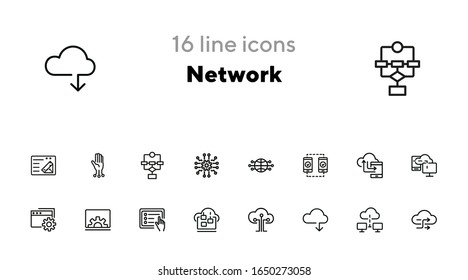 Network line icon set. Set of line icons on white background. Laptop, setting, file, downloading. Internet concept. Vector illustration can be used for topics like technology, internet, web