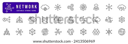 Network line icon set. Internet, data, cloud, team, connection. Editable stroke