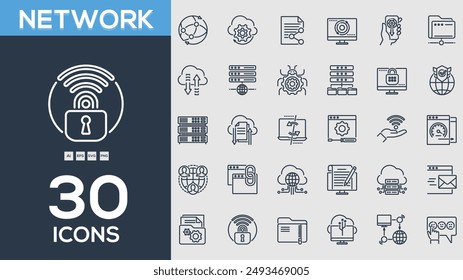  Colección de iconos de línea de red. Paquete de iconos de contorno fino. Ilustración vectorial