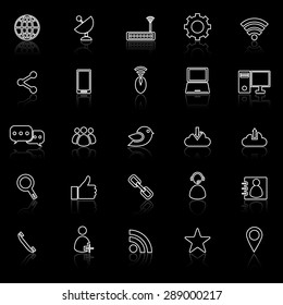 Network line icons with reflect on black, stock vector