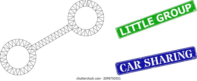 Network link image, and Little Group blue and green rectangle corroded stamps. Mesh wireframe image based on link pictogram. Stamp seals include Little Group text inside rectangle form.