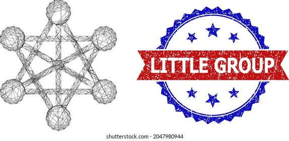 Network links carcass icon, and bicolor rubber Little Group seal. Flat structure created from network links pictogram and intersected lines. Vector seal with distress bicolored style,
