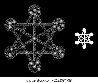 Icono de enlaces de red y red de malla brillante modelo con manchas luminosas. El modelo iluminado se realiza utilizando enlaces de red icono vector y malla triangulada. Enlaces de red de marcos iluminados,