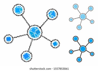 Network links mosaic of bumpy pieces in various sizes and color tints, based on network links icon. Vector irregular elements are united into mosaic. Network links icons collage with dotted pattern.