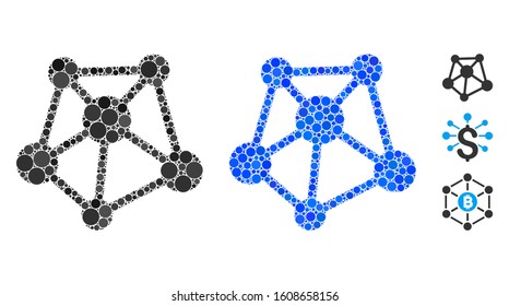 Network links mosaic of round dots in variable sizes and color hues, based on network links icon. Vector round dots are grouped into blue composition.