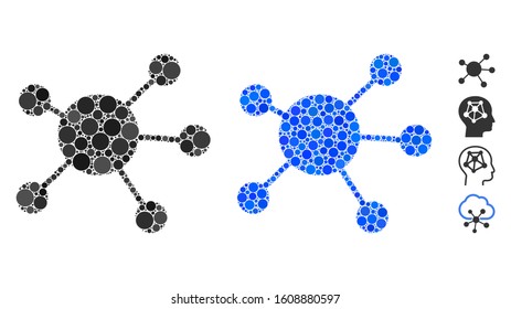Network links mosaic of small circles in variable sizes and color hues, based on network links icon. Vector small circles are grouped into blue collage.