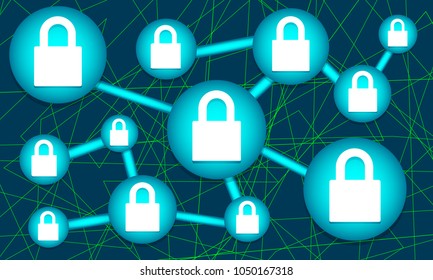 Network Lock Security System Background And Communications Network Map On Color Background. Technology Security On Global Network. Concept For Graphic, Banners, Wallpaper.Vector Illustration. Eps 10