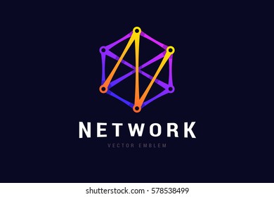 Network logo with connection lines. Vector emblem, color gradients.