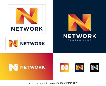 Logo de la red. Letra N de forma imposible. Cristal amarillo-anaranjado como N monograma. Identidad.  Botones Web.