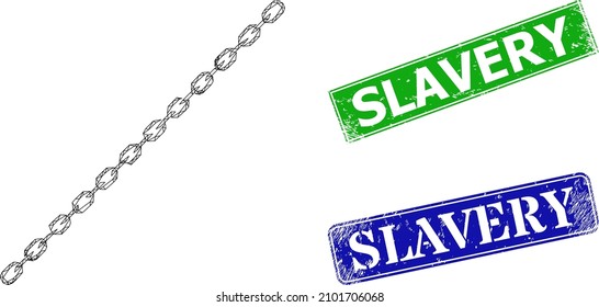 Network long chain image, and Slavery blue and green rectangular rubber seals. Polygonal carcass image based on long chain icon. Stamp seals have Slavery title inside rectangular shape.