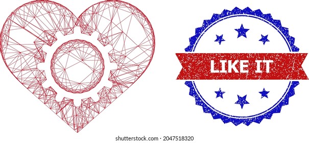 Icono de modelo de engranajes de amor de red y marca de agua bicolor Like It. Modelo plano creado a partir del icono del equipo de amor y de las líneas de cruce. Sello vectorial con un estilo bibicoloroso granulado,