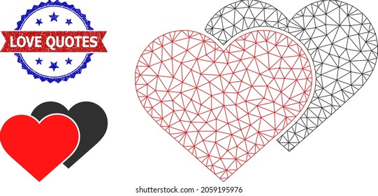 Ilustración de trama de sombra de amor en la red y sello de citas de amor con arañazos bicolor. El símbolo de malla de alambre está diseñado con el icono de sombra de amor.