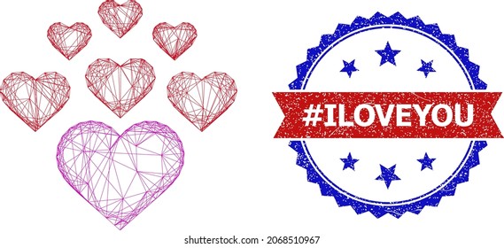Netzwerk schöne Herzen Rahmenillustration, und bicolor schmutzigen Hash Iloveyou Robbe. Flaches Modell, erstellt aus schönen Herzen Symbol und gekreuzten Linien. Vektordichtung mit Retro-bicolor-Stil,