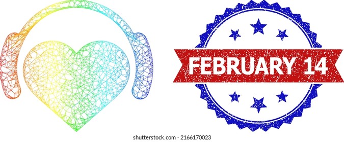 Network lovely music frame icon with spectral gradient, and bicolor rubber February 14 seal stamp. Red seal has February 14 text inside blue rosette. Vibrant frame net lovely music icon.
