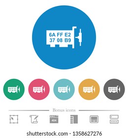 Network mac address flat white icons on round color backgrounds. 6 bonus icons included.