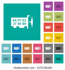 Network mac address multi colored flat icons on plain square backgrounds. Included white and darker icon variations for hover or active effects.