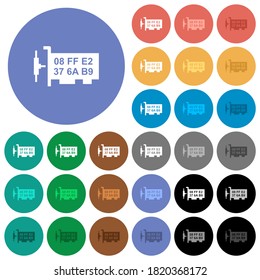 Network mac address multi colored flat icons on round backgrounds. Included white, light and dark icon variations for hover and active status effects, and bonus shades.