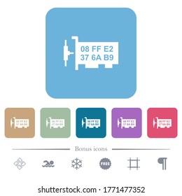 Network mac address white flat icons on color rounded square backgrounds. 6 bonus icons included