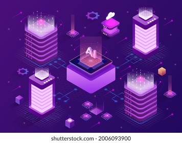 Network mainframe infrastructure concept. Site Data Processing Center. Hosting server. Communication between different blocks of the system. Modern isometric vector illustration on a purple background