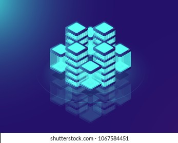 Network or mainframe infrastructure, server room and datacenter, futuristic supercomputer, isometric vector illustration on neon dar background