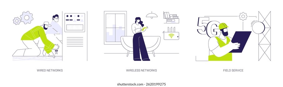 Conjunto de ilustrações de vetor de conceito abstrato de manutenção de rede. Técnico profissional instalando cabo de fibra óptica, conexão wireless, sinal wifi, metáfora abstrata de gerenciamento de serviço de campo.