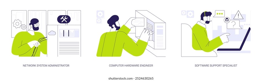 Network maintenance and administration abstract concept vector illustration set. Professional system administrator, computer hardware engineer testing processor, software support abstract metaphor.