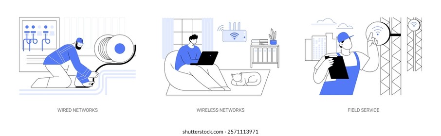 Network maintenance isolated cartoon vector illustrations set. Professional technician installing optical fiber cable, wireless connection, wifi signal, field service management vector cartoon.