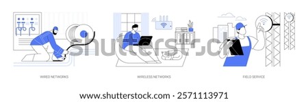 Network maintenance isolated cartoon vector illustrations set. Professional technician installing optical fiber cable, wireless connection, wifi signal, field service management vector cartoon.