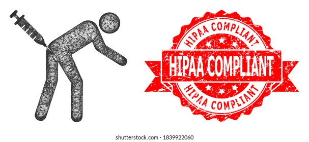Network man vaccination icon, and Hipaa Compliant textured ribbon stamp seal. Red stamp seal has Hipaa Compliant text inside ribbon.Geometric hatched frame flat network based on man vaccination icon,