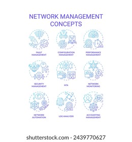 Network management blue gradient concept icons. System architecture, performance monitoring. Network automation, log analyzer. Icon pack. Vector images. Round shape illustrations. Abstract idea