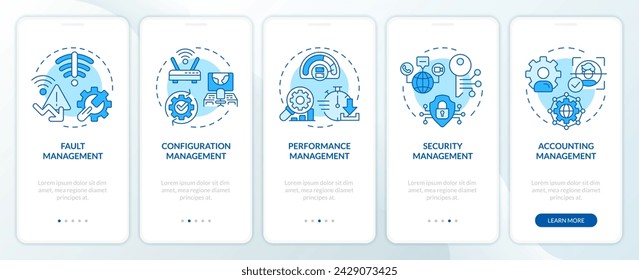 Network management functions blue onboarding mobile app screen. Walkthrough 5 steps editable graphic instructions with linear concepts. UI, UX, GUI template. Myriad Pro-Bold, Regular fonts used