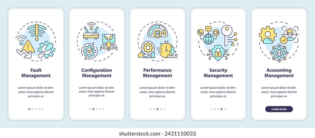 Network management functions onboarding mobile app screen. Walkthrough 5 steps editable graphic instructions with linear concepts. UI, UX, GUI template. Myriad Pro-Bold, Regular fonts used