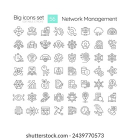 Network management linear icons set. System architecture, digital administration. Performance monitoring. Customizable thin line symbols. Isolated vector outline illustrations. Editable stroke