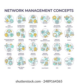 Network management multi color concept icons. Local area network. Digital infrastructure. System architecture. Server security. Icon pack. Vector images. Round shape illustrations. Abstract idea