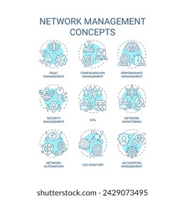 Network management soft blue concept icons. System architecture, performance monitoring. Network automation, log analyzer. Icon pack. Vector images. Round shape illustrations. Abstract idea