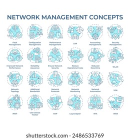 Iconos de concepto de gestión de red azul suave. Red de área local Infraestructura digital. Arquitectura del sistema. Seguridad del servidor. Paquete de iconos. Imágenes vectoriales. Ilustraciones de forma redonda. idea Abstractas