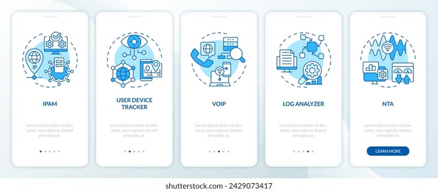 Network management software blue onboarding mobile app screen. Walkthrough 5 steps editable graphic instructions with linear concepts. UI, UX, GUI template. Myriad Pro-Bold, Regular fonts used