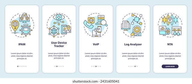 Network management software onboarding mobile app screen. Walkthrough 5 steps editable graphic instructions with linear concepts. UI, UX, GUI template