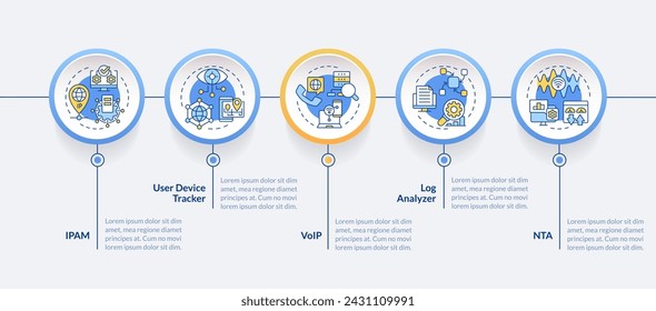 Network managing software circle infographic template. Data visualization with 5 steps. Editable timeline info chart. Workflow layout with line icons. Lato-Bold, Regular fonts used