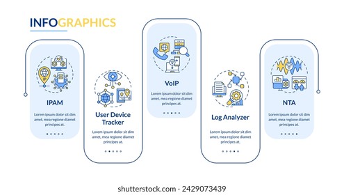 Network managing software rectangle infographic template. Data visualization with 5 steps. Editable timeline info chart. Workflow layout with line icons. Lato-Bold, Regular fonts used