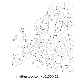 Network Map of Europe. All cities and capitals are joined to a global point network. All the countries of the European Union and also other eastern countries are present. Black and white