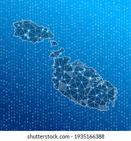 Mapa de red de Malta. Mapa de conexiones digitales de la isla. Tecnología, internet, red, concepto de telecomunicaciones. Ilustración vectorial.