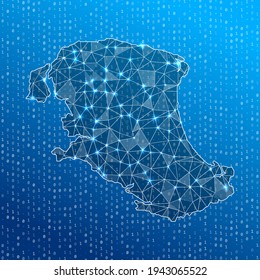 Network map of Parrot Cay. Island digital connections map. Technology, internet, network, telecommunication concept. Vector illustration.