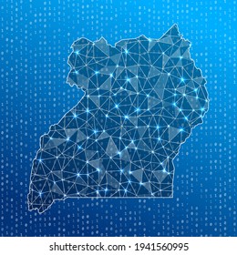 Mapa de la red de Uganda. Mapa de conexiones digitales de país. Tecnología, internet, red, concepto de telecomunicaciones. Ilustración vectorial.