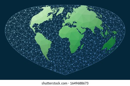 Network map of the world. Bottomley projection. Green low poly world map with network background. Cool connected globe for infographics or presentation. Vector.