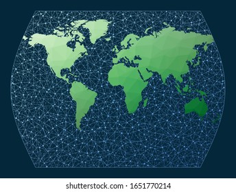 Network map of the world. Times projection. Green low poly world map with network background. Neat connected globe for infographics or presentation. Vector.